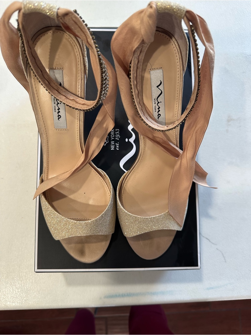 Nina Champagne Gold Tie-Ankle Heels - Nina